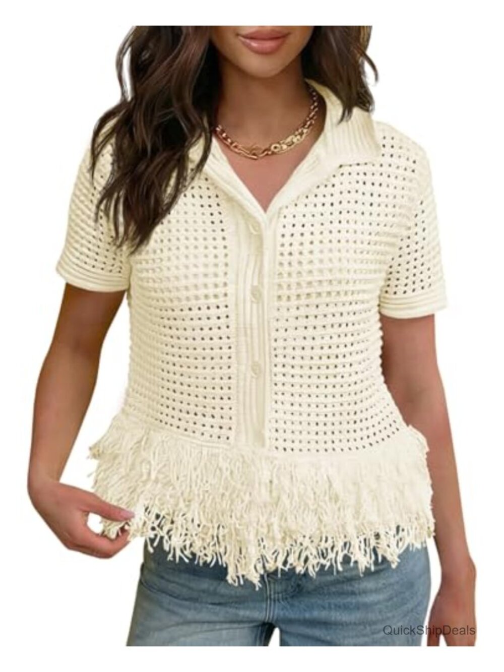 Womens Crochet Cardigan Short Sleeve Fringe Button Up Boho Knit Sweater Top